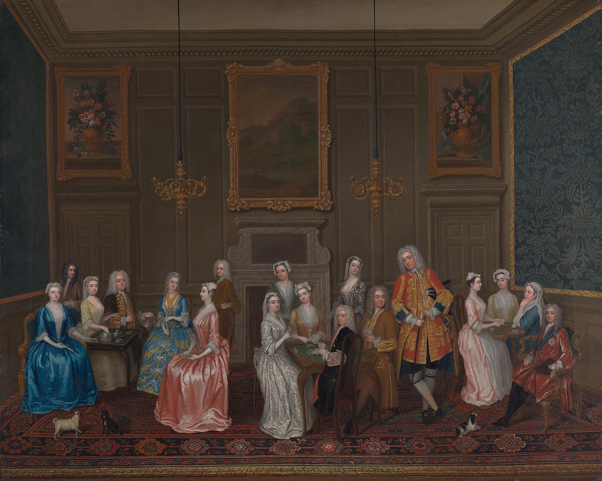 "Tea Party at Lord Harrington's House, St. James's," 1730, by Charles Philips. Oil on canvas; 40 1/4 inches by 49 3/4 inches. Yale Center for British Art, Connecticut. (Public Domain)