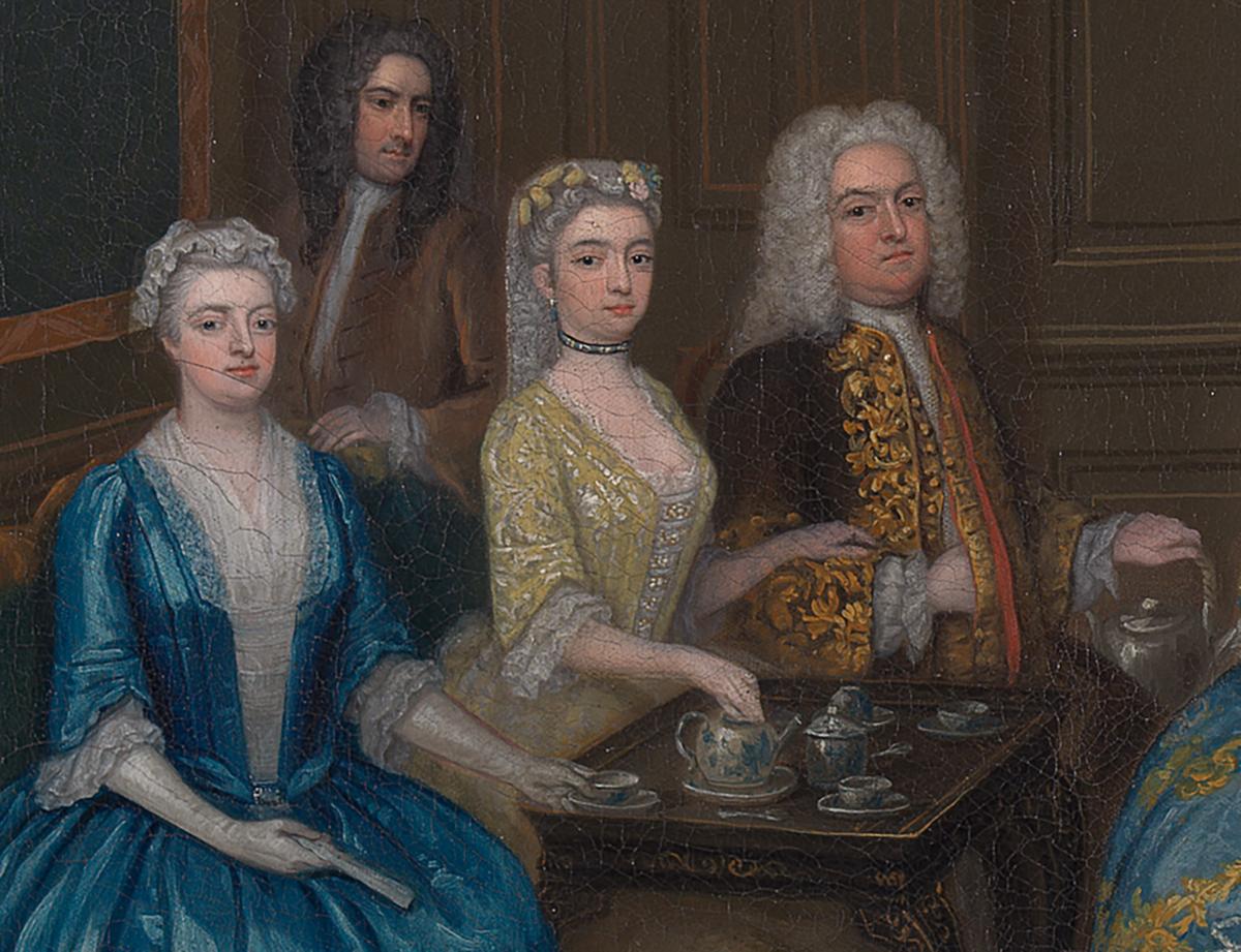 A detail of the tea set from "Tea Party at Lord Harrington's House, St. James's," 1730, by Charles Philips. (Public Domain)