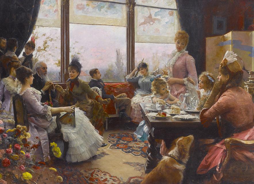 "Five O'Clock Tea," between 1883 and 1884, by Julius LeBlanc Stewart. Oil on canvas; 65 1/2 inches by 90 1/2 inches. Private collection. (Public Domain)