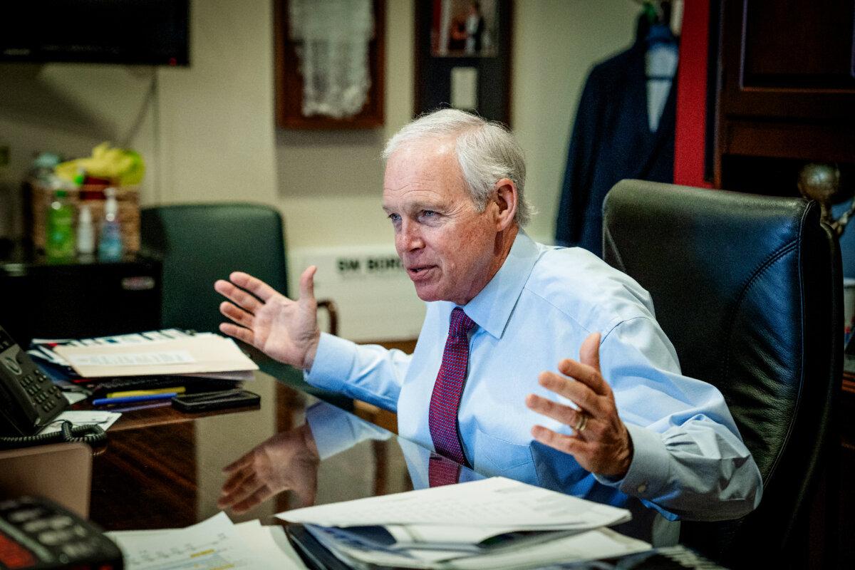 Sen. Ron Johnson (R-Wis.) speaks during an interview with The Epoch Times at his office in the Hart Senate office building in Washington on March 21, 2024. (Madalina Vasiliu/The Epoch Times)