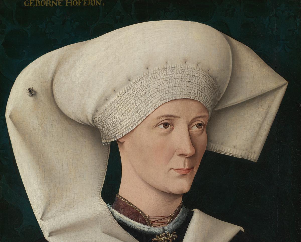 The unknown German artist has perfectly painted in the tiny-yet-detailed fly sitting on the realistic white headdress. (NG722 Portrait of a Woman of the Hofer Family by Swabian about 1470 © The National Gallery, London)