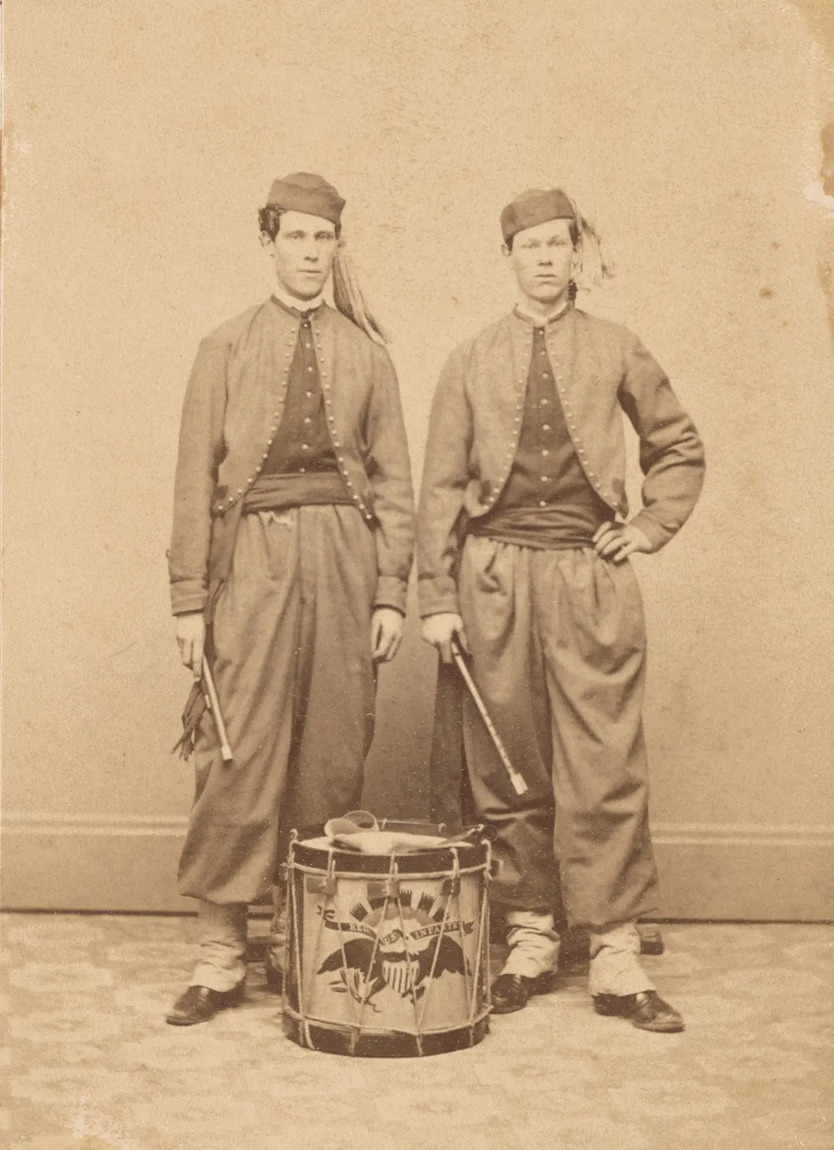 A photograph of Union soldiers in zouave uniforms with fifes in their hands and regulation drum at their feet, between 1861 and 1865, by R. P. Lamoreux. Library of Congress. (Public Domain)