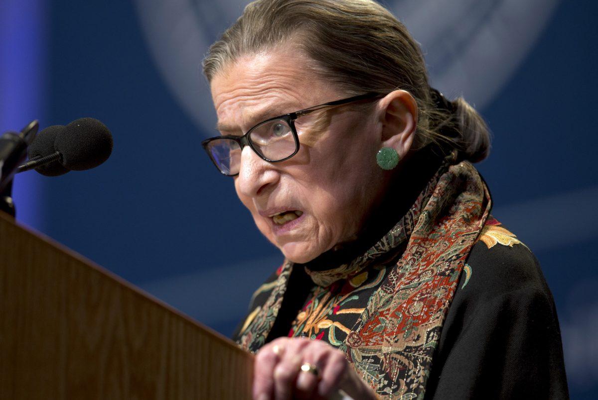 Supreme Court Justice Ruth Bader Ginsburg speaks at Brandeis University in Waltham, Mass., on Jan. 28, 2016. (AP Photo/Michael Dwyer, File)