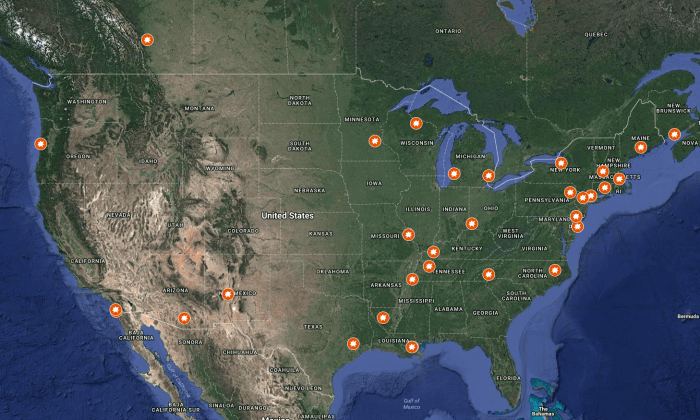 Approximate locations of loud boom reports in North America in 2017. (Screenshot via Google My Maps)
