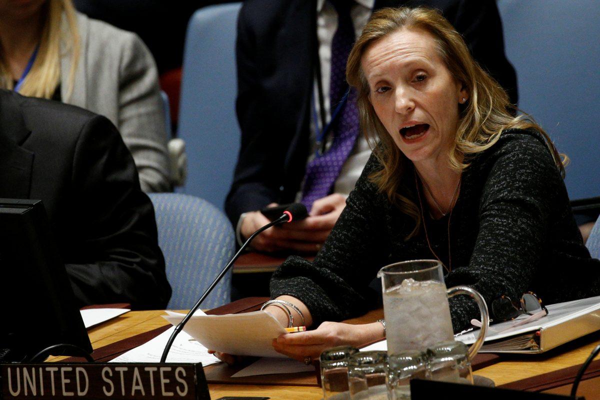 United States Ambassador for the Economic and Social Council at the U.N. Kelley Currie speaks during a U.N. Security Council meeting on Syria at the U.N. headquarters in New York City on Feb. 22, 2018. (Reuters/Brendan McDermid)