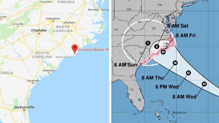 urricane Florence is predicted to make landfall near the Brunswick Nuclear Power plant located on the coast North Carolina. (Google Maps/NOAA)