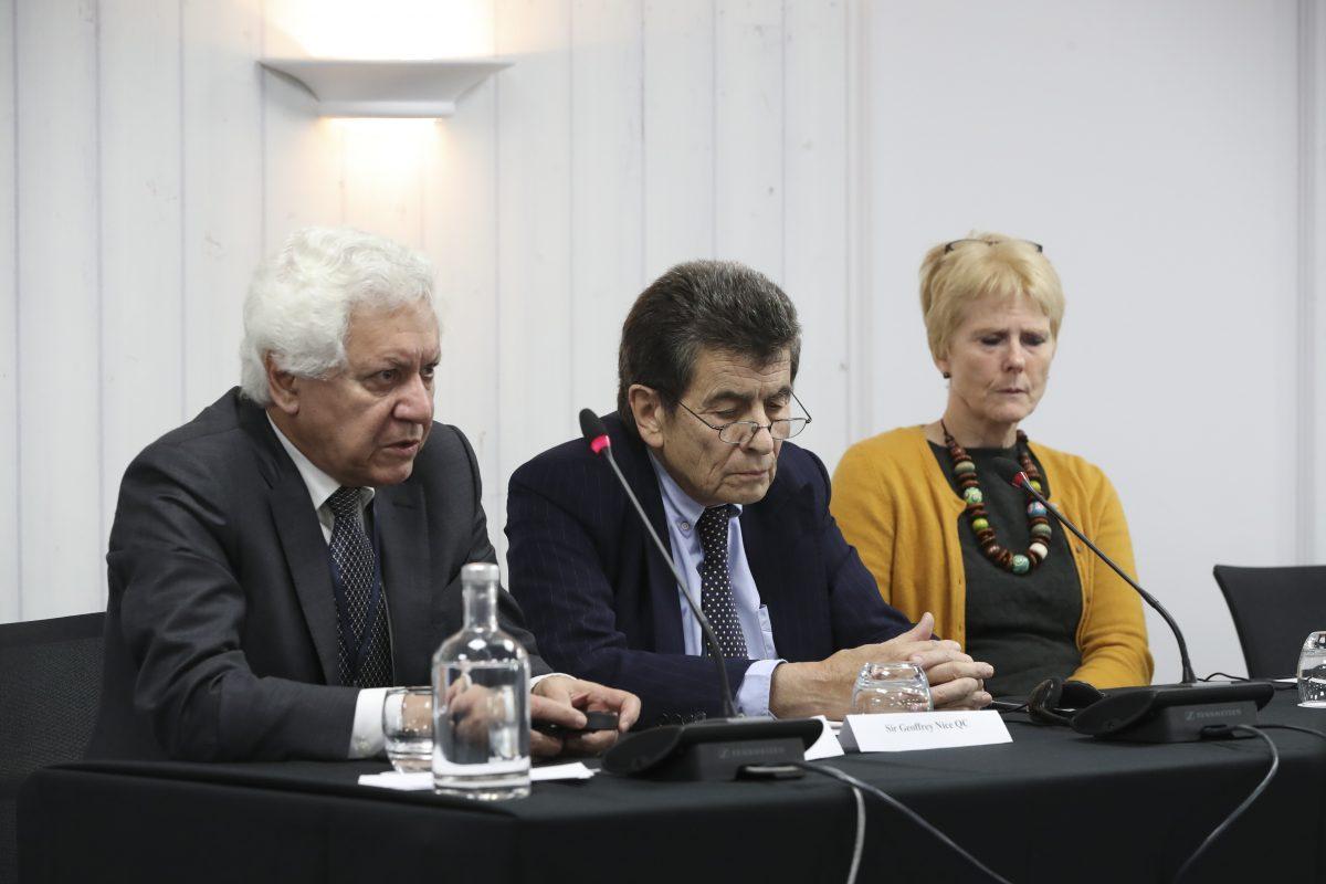 (L-R) Counsel to the people's tribunal Hamid Sabi, Chair Sir Geoffrey Nice QC, and Heather Draper, Professor of Bioethics at the University of Warwick in London on Dec. 8, 2018. (Justin Palmer)