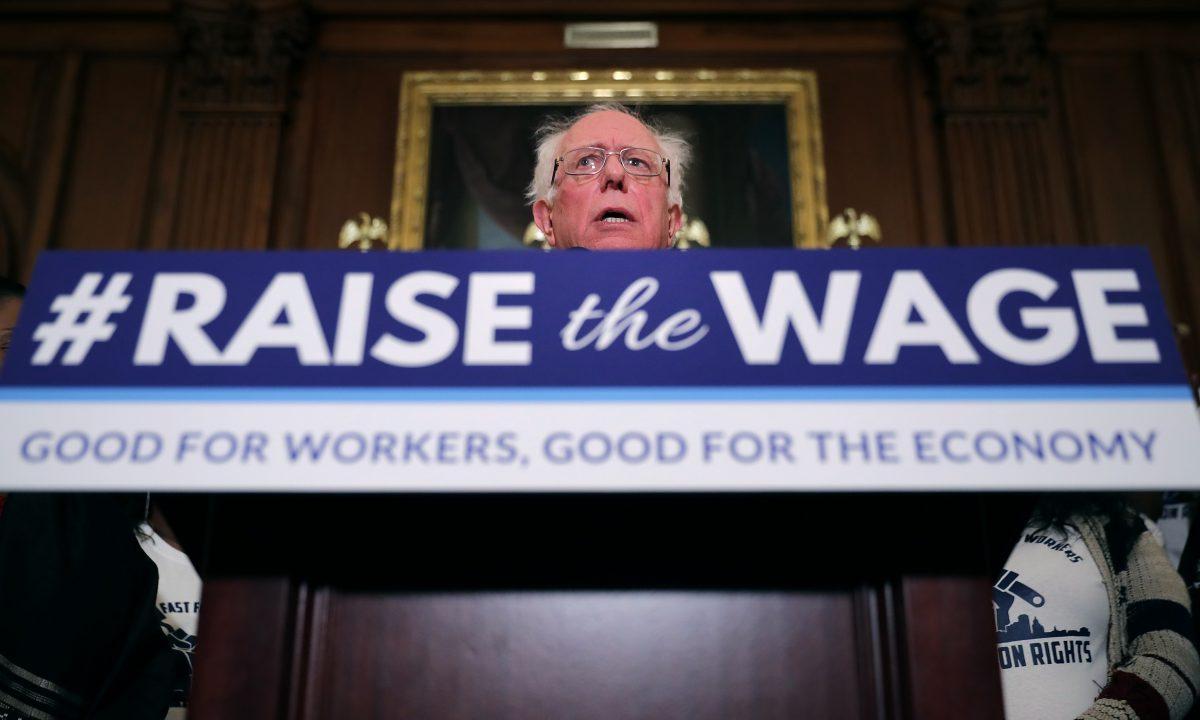 Sen. Bernie Sanders (I-Vt.) speaks during an event to introduce the Raise The Wage Act in the Rayburn Room at the U.S. Capitol in Washington on Jan. 16, 2019. (Chip Somodevilla/Getty Images)