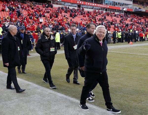 New England Patriots owner Robert Kraft (R), arrives on the field before the AFC Championship NFL football game between the Kansas City Chiefs and the New England Patriots, in Kansas City, Mo., on Jan. 20, 2019. (Charlie Neibergall/File/AP Photo)