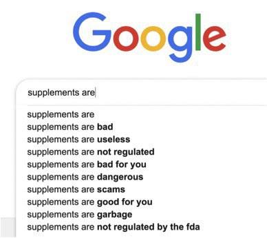 Screenshot of Google autocomplete suggestions for a search for "supplements are ..." on Sept. 1, 2019. (Screenshot via Maryam Henein)