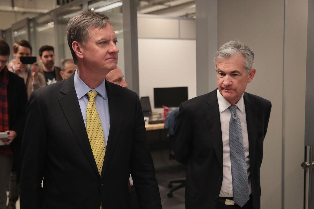 Federal Reserve Chairman Jerome Powell (R) tours mHUB, an innovation center, with Federal Reserve Bank of Chicago President Charles Evans, on April 6, 2018, in Chicago, Illinois. (Scott Olson/Getty Images)