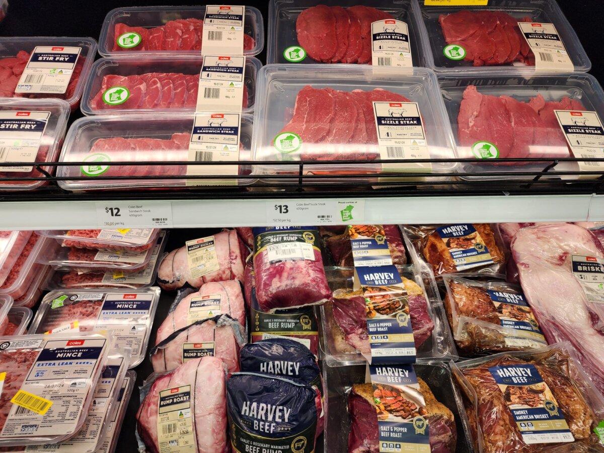 Beef products seen in a supermarket in Albany, Western Australia, on July 6, 2024. (Susan Mortimer/The Epoch Times)
