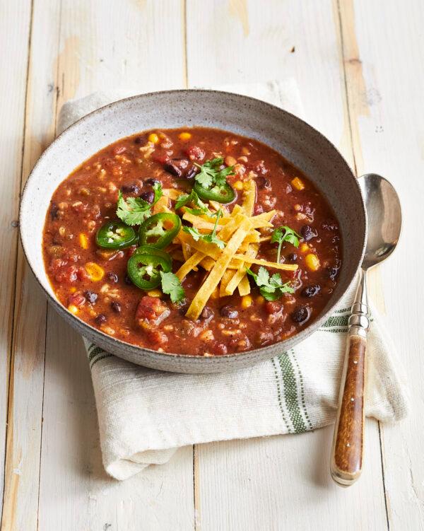 Vegetarian tortilla soup. (Courtesy of "From Freezer to Cooker." Copyright 2020 by Polly Conner and Rachel Tiemeyer. Published by Rodale Books, an imprint of Penguin Random House)