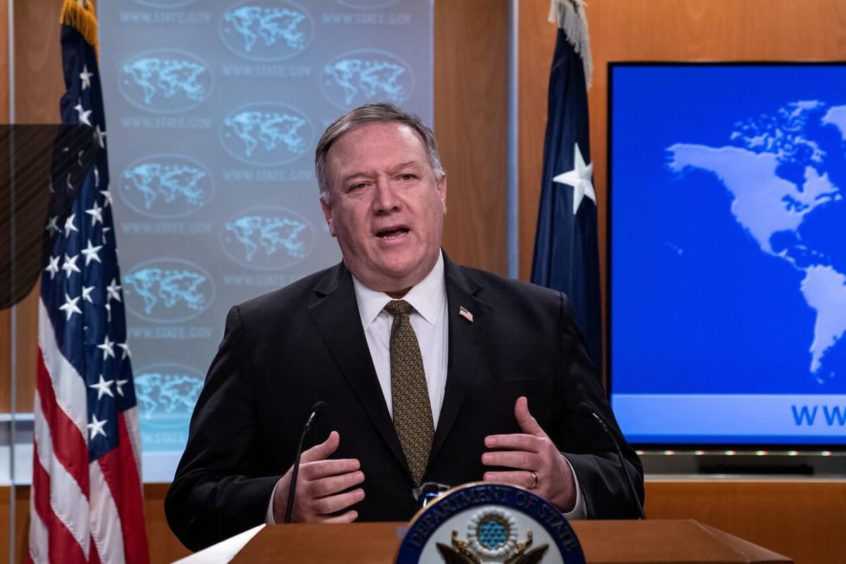 U.S. Secretary of State Mike Pompeo speaks at a press briefing at the State Department in Washington on April 22, 2020. (Nicholas Kamm/Pool via Reuters)