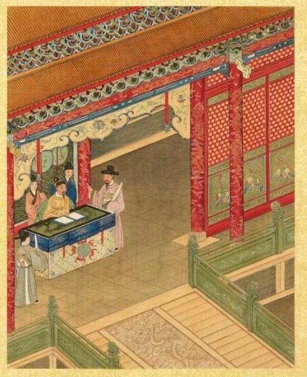Artwork by Chen Shiguan, Qing Dynasty, in the volume titled “Song Renzong 1” in the publication “Benevolent Records of Holy Emperors and Wise Kings (Covering the Song, Yuan, and Ming Dynasties).” Emperor Renzong of the Song Dynasty cherished the people like they were his own children. When the country suffered from disasters and epidemics, he always sincerely reflected upon himself in order to find the cause. (Public Domain)