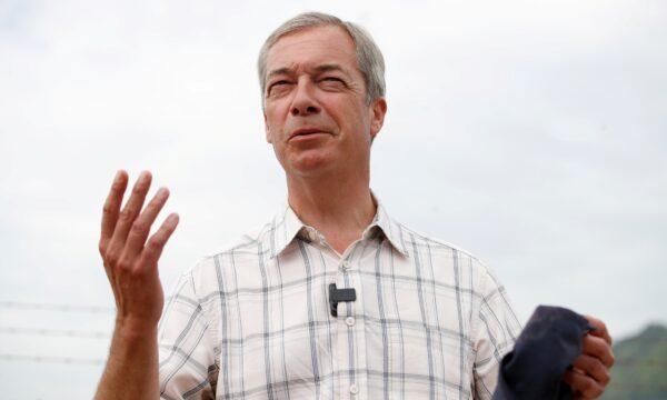 Nigel Farage speaks during a visit at Dover harbour, in Dover, Britain, on Aug. 12, 2020. (Matthew Childs/Reuters)
