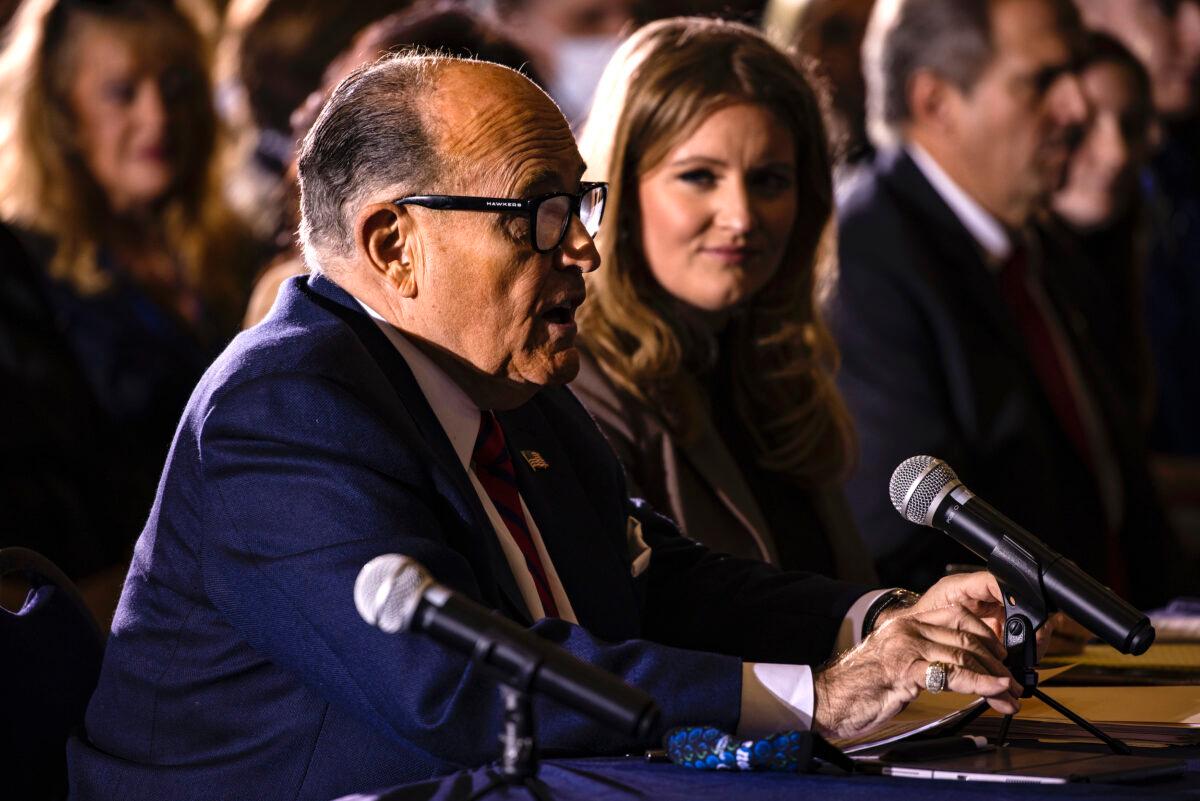President Donald Trump's lawyer Rudy Giuliani speaks during a Pennsylvania Senate Majority Policy Committee public hearing Wednesday at the Wyndham Gettysburg Hotel to discuss 2020 election issues and irregularities in Gettysburg, Pa., on Nov. 25, 2020. (Samuel Corum/Getty Images)