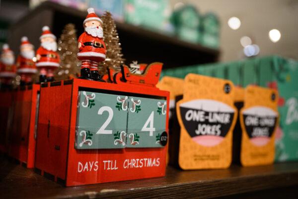 A Christmas countdown calendar is seen among some of the festive items in the Christmas gift and decoration section in the branch of retailer Marks and Spencer at Westfield White City on in London on Oct. 20, 2020. (Leon Neal/Getty Images)
