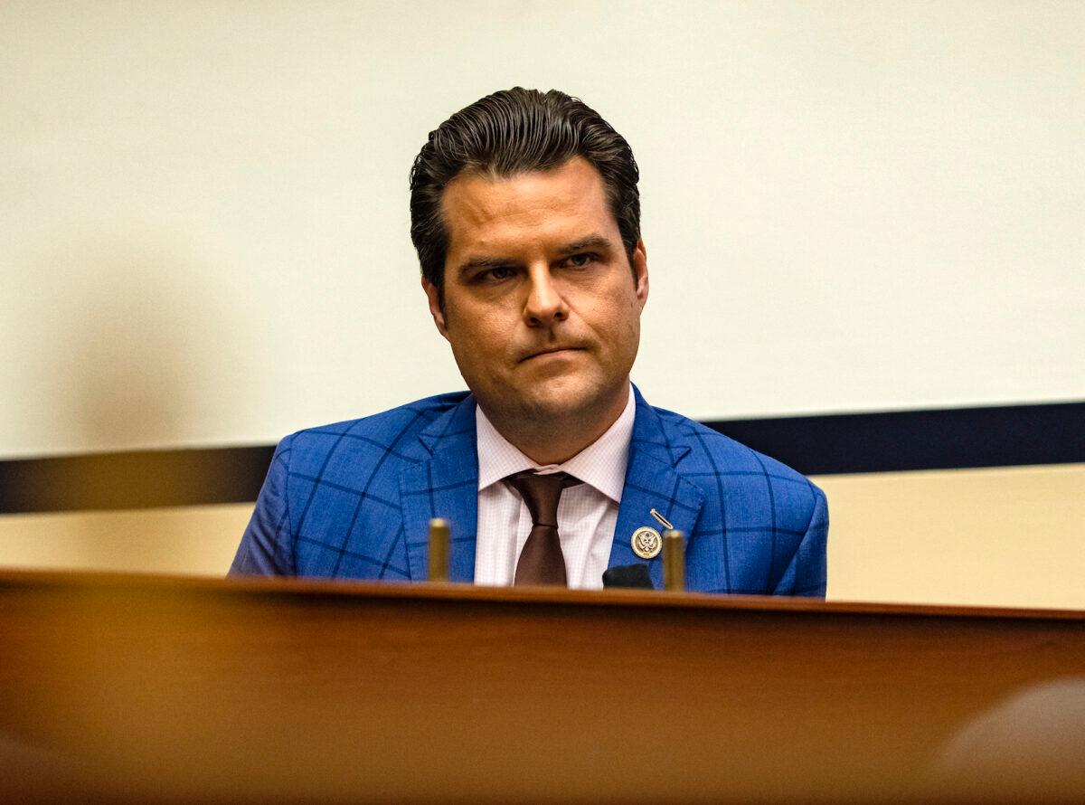 Rep. Matt Gaetz (R-Fla.) during a House Armed Services Subcommittee hearing with members of the Fort Hood Independent Review Committee on Capitol Hill in Washington, on Dec. 9, 2020. (Samuel Corum/Getty Images)