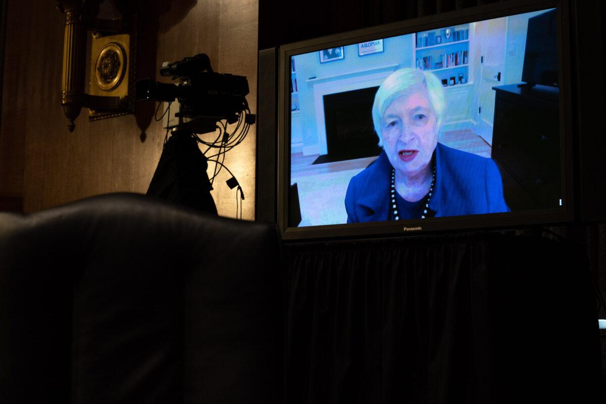 Janet Yellen, President Joe Biden's nominee for Secretary of the Treasury, participates remotely in a Senate Finance Committee hearing in Washington, on Jan. 19, 2021. (Anna Moneymaker-Pool/Getty Images)