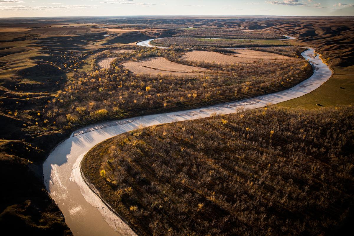 The White River weaves through the landscape near where the proposed Keystone XL pipeline would pass, south of Presho, S.D., on Oct. 13, 2014. (Andrew Burton/Getty Images)