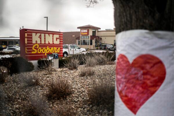 The exterior of King Sooper's grocery store is seen the morning after a gunman opened fire in Boulder, Colo., on March 23, 2021. (Chet Strange/Getty Images)