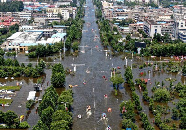 This aerial photo shows a flooded area in the city of Weihui in China's central Henan province on July 26, 2021. (STR/AFP via Getty Images)