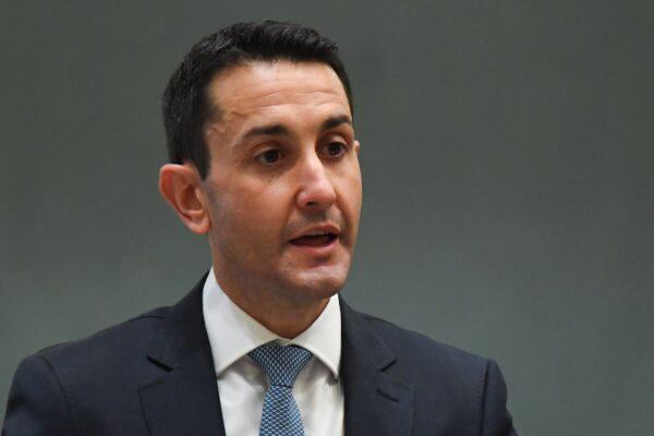 Leader of the Opposition David Crisafulli directs questions to the Premier during Question Time at Parliament House in Brisbane, Australia, on Sept. 14, 2021. (AAP Image/Albert Perez)