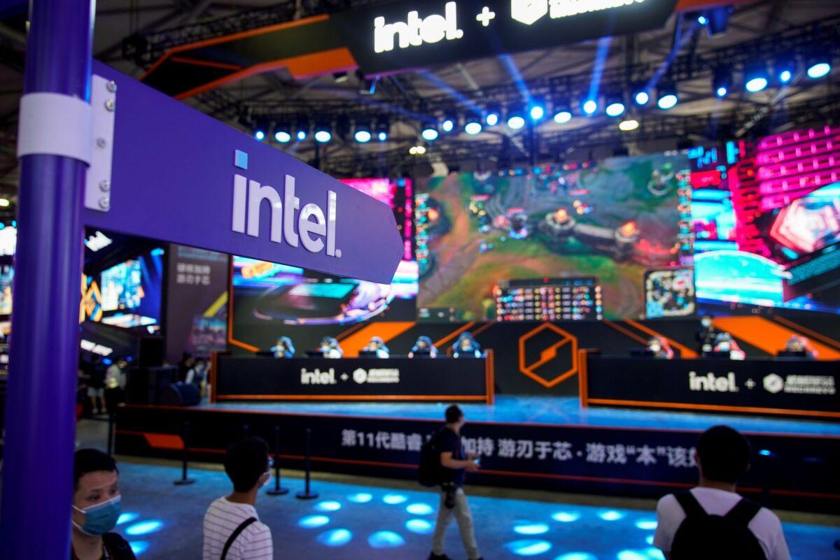 Visitors at the Intel booth during the China Digital Entertainment Expo and Conference, also known as ChinaJoy, in Shanghai on July 30, 2021. (Aly Song/Reuters)
