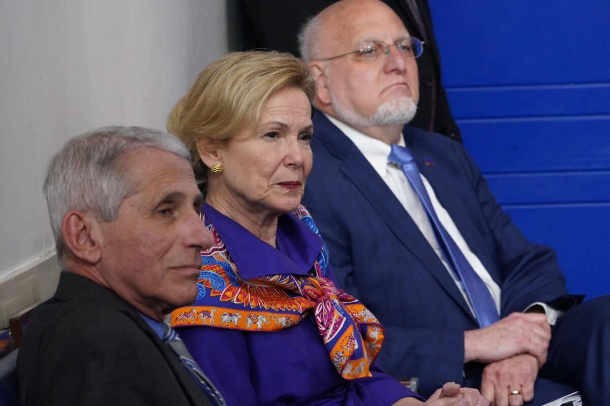 Director of the National Institute of Allergy and Infectious Diseases Dr. Anthony Fauci (L), White House Coronavirus Task Force response coordinator Dr. Deborah Birx (C), and Centers for Disease Control and Prevention Director Dr. Robert R. Redfield (R) attend the daily briefing on COVID-19 at the White House on April 8, 2020. (Mandel Ngan/AFP via Getty Images)