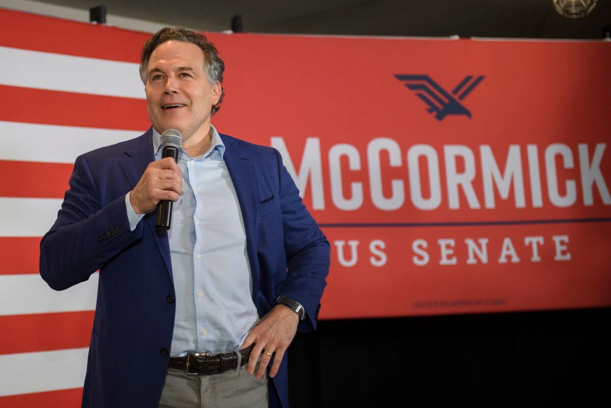 Pennsylvania Republican Senate candidate Dave McCormick speaks to supporters at the Indigo Hotel during a primary election night event in Pittsburgh, Pa., on May 17, 2022. (Jeff Swensen/Getty Images)
