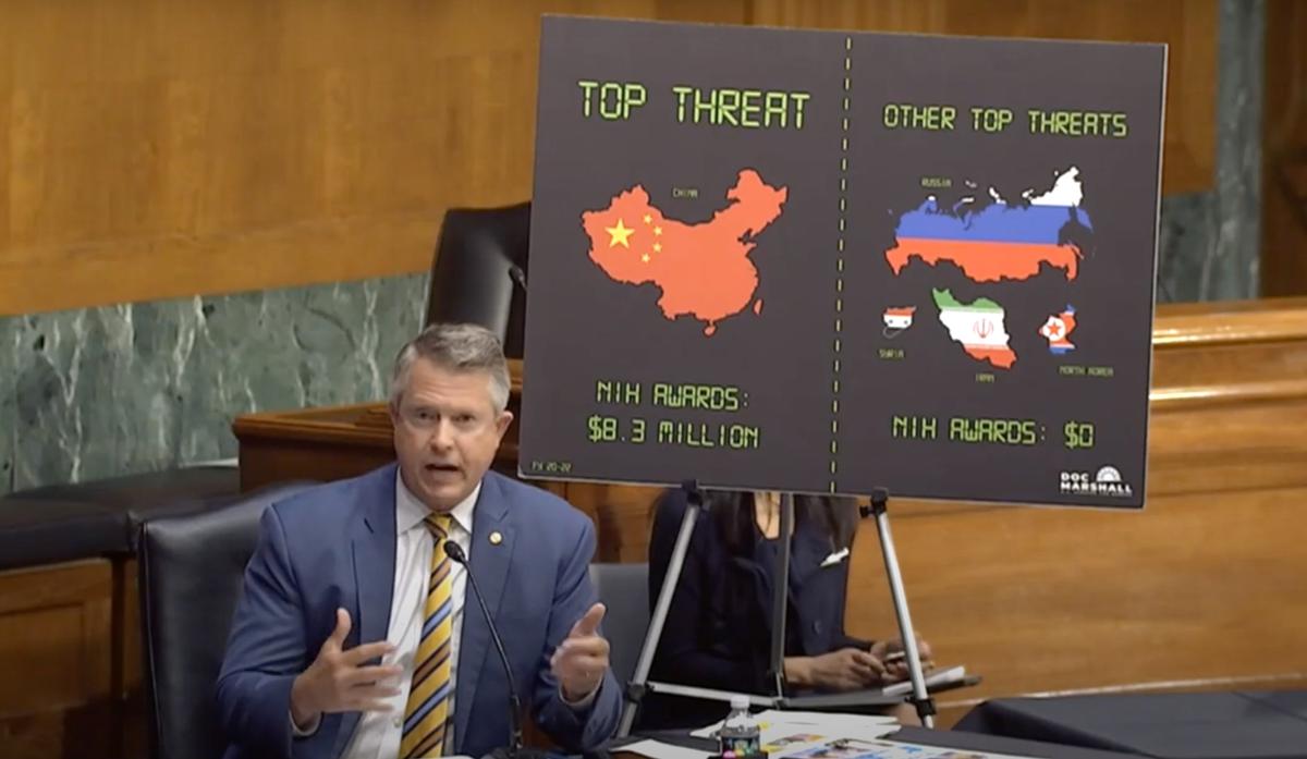 Sen. Roger Marshall (R-Kan.) questions Dr. Anthony Fauci, director of the National Institute of Allergy and Infectious Diseases, at a Senate committee hearing on June 16, 2022. (The Epoch Times via the Senate Health, Education, Labor, and Pensions Committee)