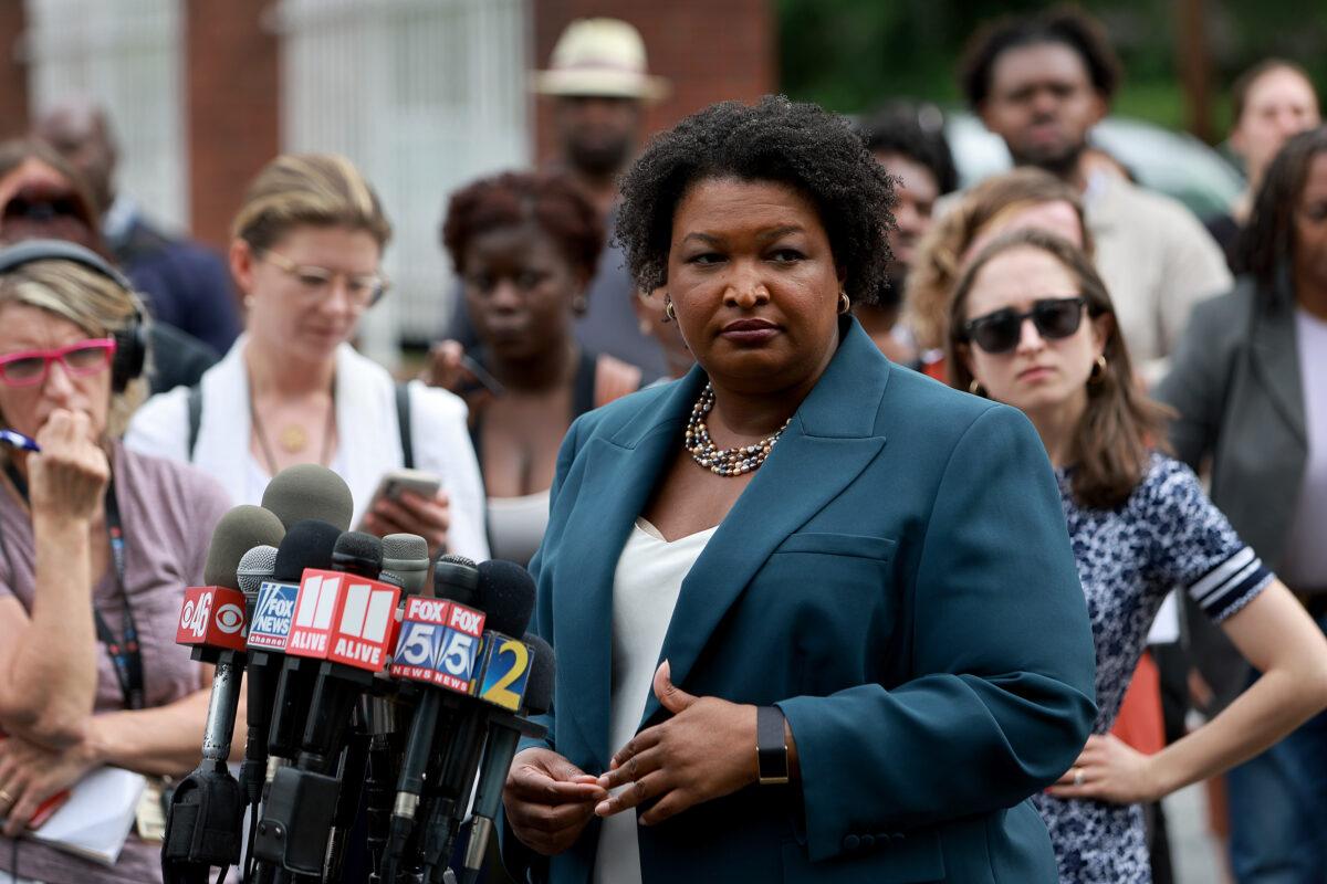 Democratic gubernatorial candidate Stacey Abrams speaks to the media during a press conference at the Israel Baptist Church in Atlanta on May 24, 2022. (Joe Raedle/Getty Images)