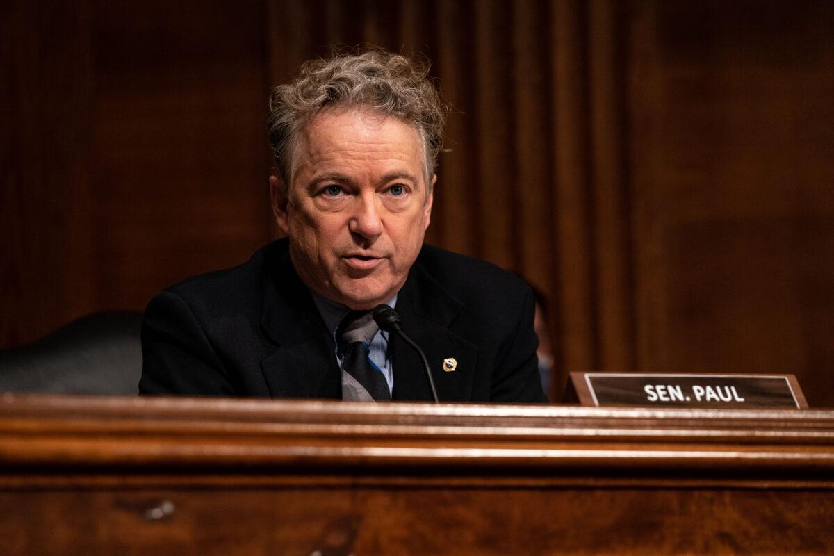 Senator Rand Paul (R-Ky.) speaks during a hearing with the Senate Health, Education, Labor, and Pensions committee on Capitol Hill in Washington on Feb. 3, 2021. (Anna Moneymaker/Pool/Getty Images)