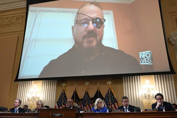 Stewart Rhodes, founder of the Oath Keepers, appears on a screen during a House Select Committee hearing to Investigate the Jan. 6 Attack on the U.S. Capitol, in the Cannon House Office Building on Capitol Hill in Washington on June 9, 2022. (Brendan Smialowski/AFP via Getty Images)