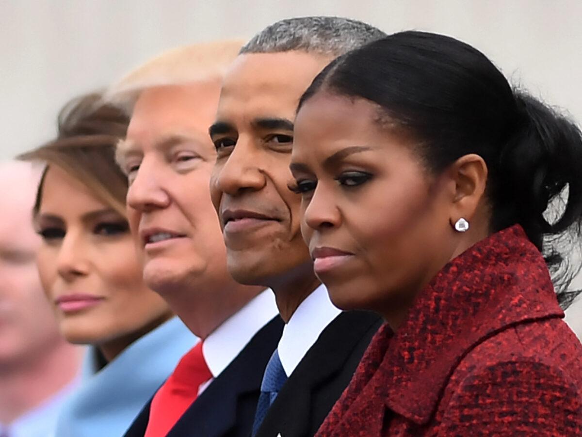 L-R: First Lady Melania Trump, President Donald Trump, former President Barack Obama, and Michelle Obama at the Capitol after inauguration ceremonies in Washington, on Jan. 20, 2017. (Jim Watson/AFP/Getty Images)