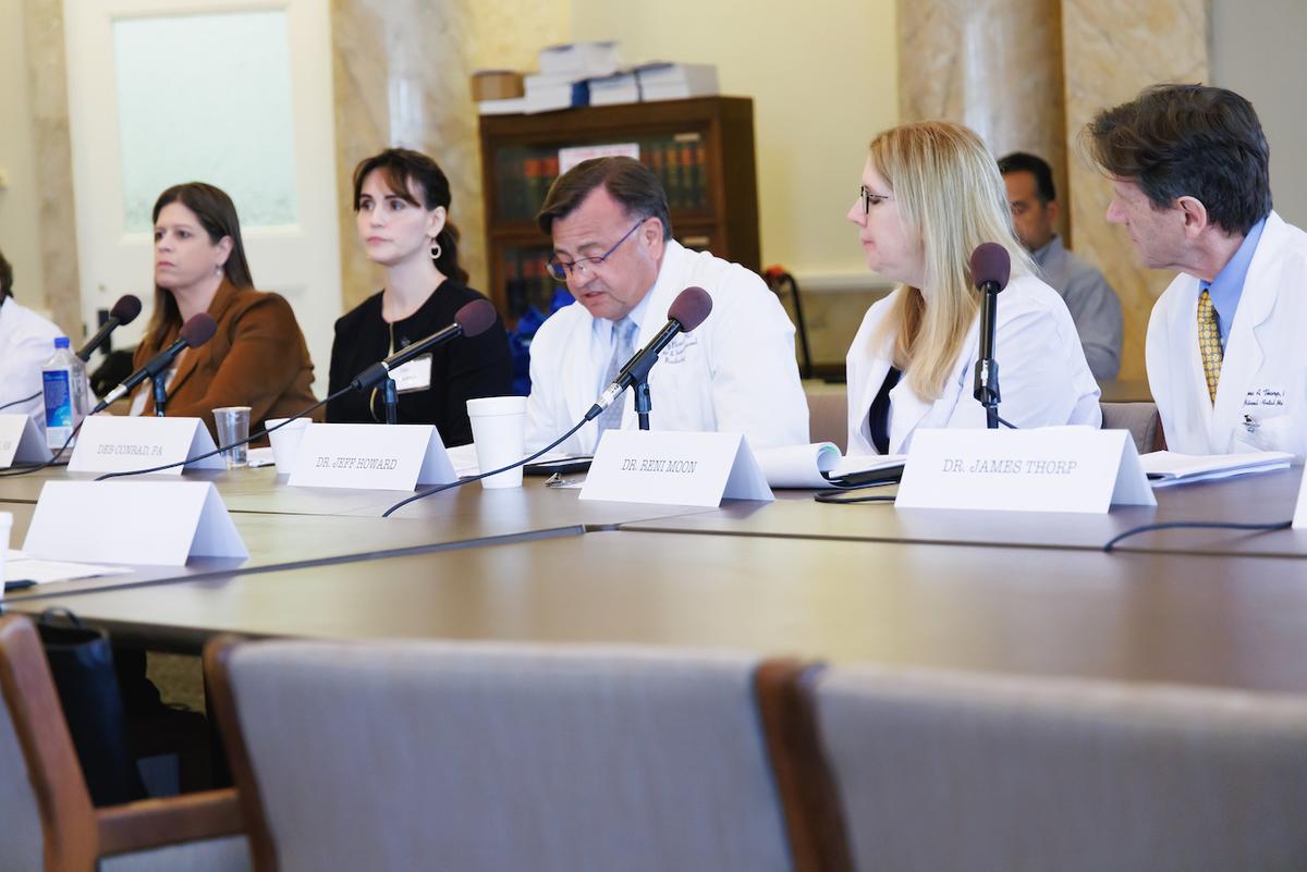 Nurse Kimberly Overton, VAERS whistleblower Deborah Conrad, Dr. Jeffrey Howard, Dr. Reni Moon, and Dr. James Thorp discuss COVID-19 vaccine adverse events in the Mississippi state Capitol in 2023. (Courtesy of Charlotte Stringer Photography)