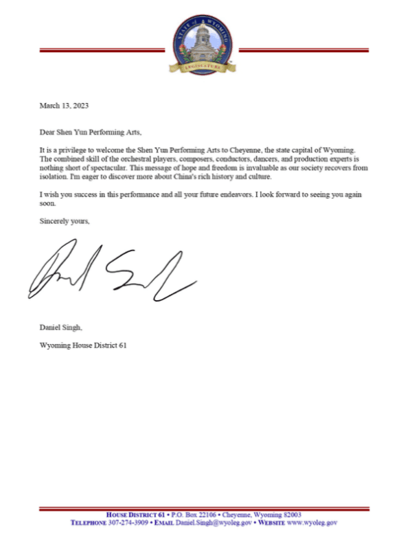Congratulatory letter from Wyoming State Representative Daniel Singh.
