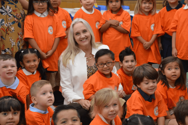 Gunn Marie Hansen with Taft Elementary kindergarten students on their first day of school in Orange, Calif., on August 2019. (Courtesy of Orange Unified School District)