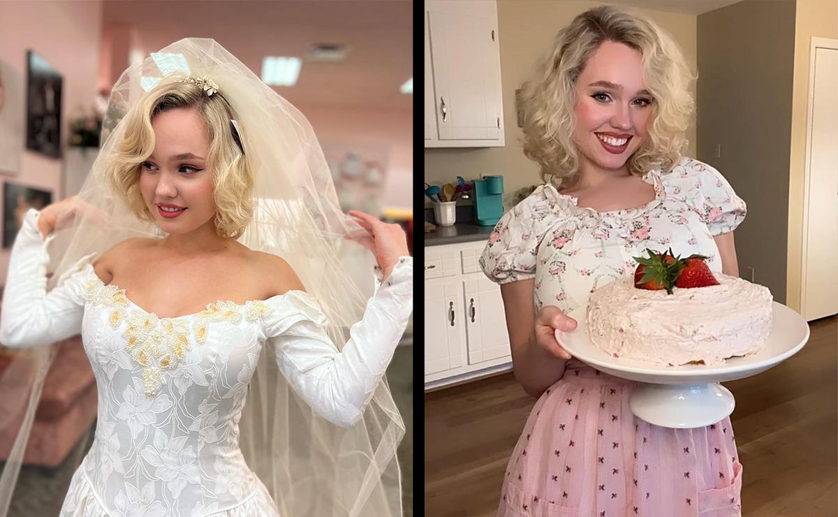 Tradwife Estee Williams dons her wedding dress and serves strawberry cake. (Courtesy of <a href="https://www.instagram.com/esteecwilliams/">Estee Williams</a>)