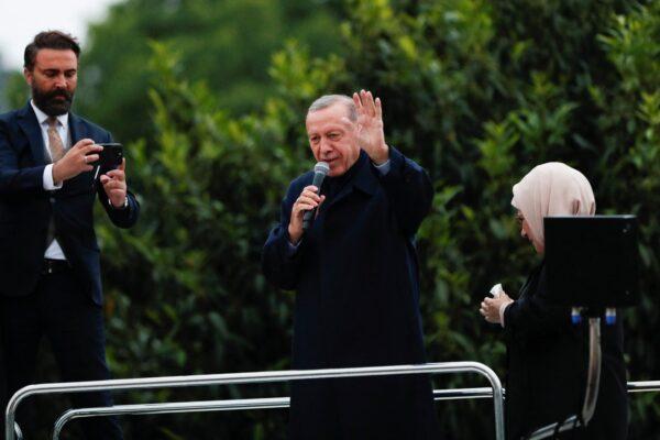 Turkish President Tayyip Erdogan addresses his supporters following early exit poll results for the second round of the presidential election in Istanbul, Turkey, on May 28, 2023. (Murad Sezer/Reuters)