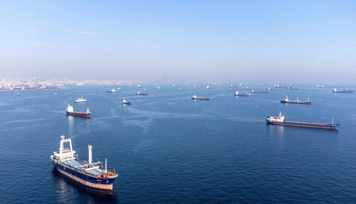 Commercial vessels that are part of the Black Sea grain deal wait to pass the Bosporus strait off the shores of Yenikapi in Istanbul, Turkey, on Oct. 31, 2022. (Umit Bektas/Reuters/File Photo)