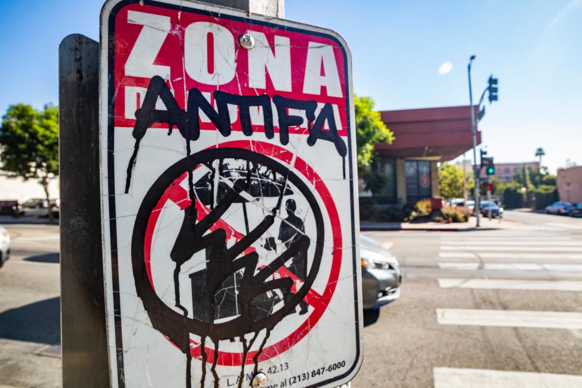 An ANTIFA tagging in Los Angeles, Calif., on Oct. 20, 2021. (John Fredricks/The Epoch Times)