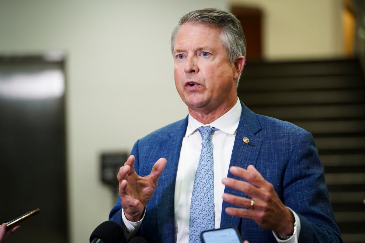 Sen. Roger Marshall (R-Kan.) speaks with reporters during a press conference in the U.S. Capitol in Washington on July 11, 2023. (Madalina Vasiliu/The Epoch Times)