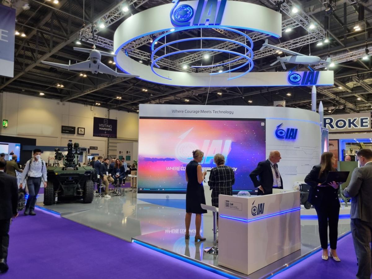 Israel's IAI shows off its drones and loitering missiles at its stand at the DSEI defence exhibition at ExCel in London on Sept. 12, 2023. (Chris Summers/The Epoch Times)