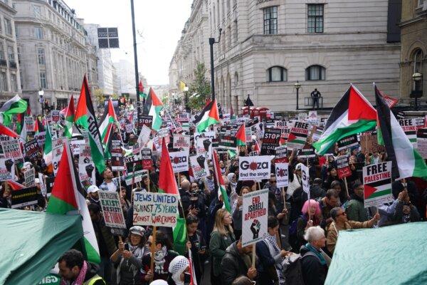 Protesters during a March for Palestine in London on Oct. 14, 2023. (James Manning/PA)