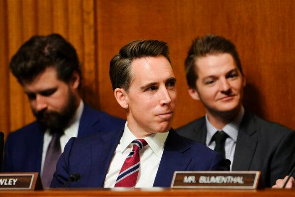 Sen. Joshua Hawley (R-Mo.) speaks during testimony from Meta whistleblower Arturo Bejar, former director of Engineering for Protect and Care at Facebook in Berkeley, Calif., before the Senate Judiciary Subcommittee in Washington on Nov. 7, 2023. (Madalina Vasiliu/The Epoch Times)