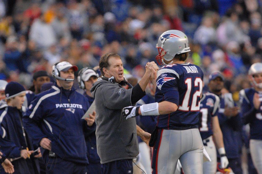 General Manager Bill Belichick (L) and quarterback Tom Brady in “The Dynasty New England Patriots.’ (Apple TV+)