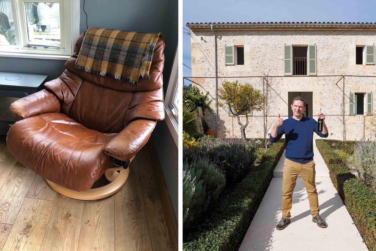 (Left) The used armchair Mr. Dunlop bought online that led to his winning a Spanish villa; (Right) Mr. Dunlop stands in front of his new Spanish villa. (SWNS)