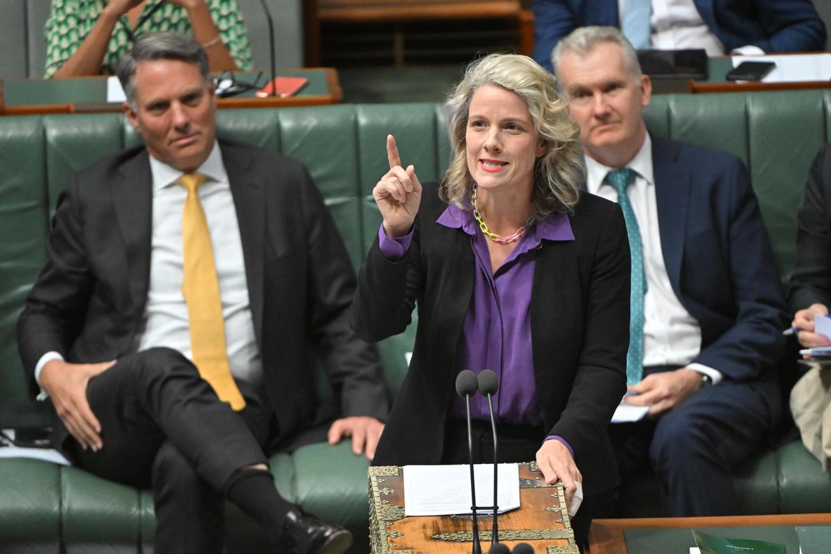 Housing Minister Clare O’Neil during Question Time in the House of Representatives at Parliament House in Canberra, Australia on Feb. 15, 2024. (AAP Image/Mick Tsikas)